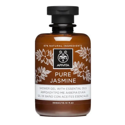Apivita Pure Jasmine Shower Gel with Essential Oils in a 300ml bottle, featuring jasmine floral and natural product design
