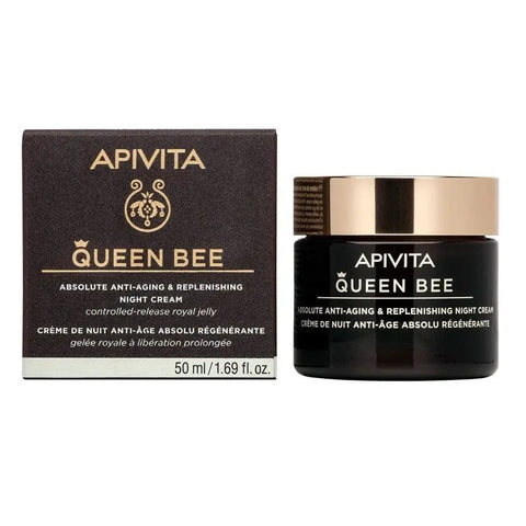 Apivita Queen Bee Night Cream 50ml in a jar, featuring honey and bee ingredients, displayed in a skincare product image.
