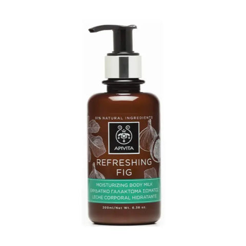 Apivita Refreshing Fig Moisturizing Body Milk 200ml bottle with label, smooth and creamy texture visible in the image.