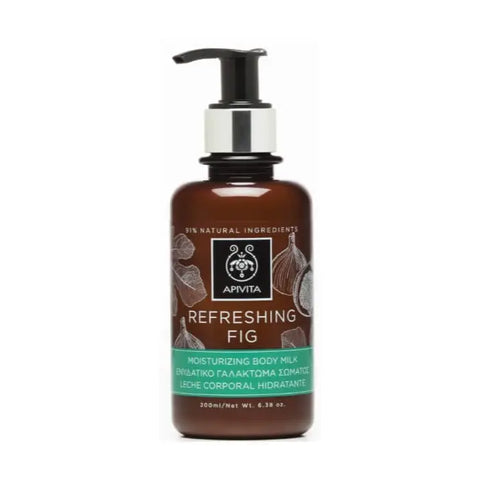 Apivita Refreshing Fig Moisturizing Body Milk 200ml bottle with fig extract and creamy texture, designed for smooth, hydrated skin