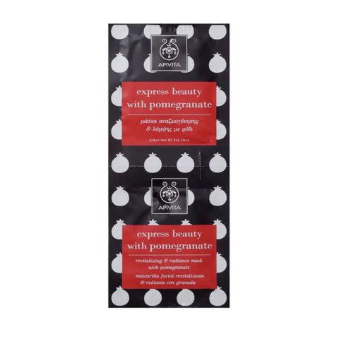 Apivita revitalizing and radiance face mask with pomegranate in two 8ml sachets, designed to boost skin glow and hydration.