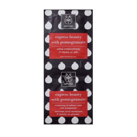 Apivita revitalizing and radiance mask with pomegranate, 2x8ml, for glowing skin, displayed in a skincare product image.