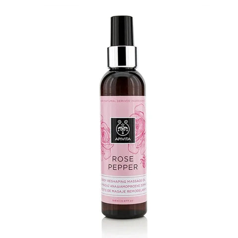 Apivita Rose Pepper Remodelling Body Oil in 150ml bottle, featuring a fresh floral and pepper scent, displayed on a neutral background.