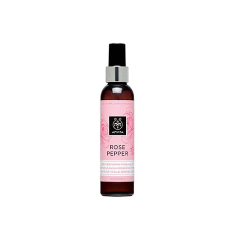 Apivita Rose Pepper Reshaping Massage Oil 150ml with rose and pepper ingredients, displayed in a clear glass bottle.