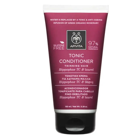 Apivita tonic conditioner with hippophae TC and laurel in a 150ml bottle, shown in a clear image with conditioner and botanical elements.