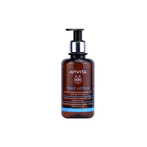 Apivita soothing lavender and honey toner in a 200ml bottle, with lavender flowers and honeycomb visible, on a natural background.