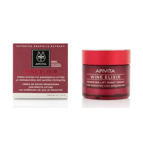 Apivita Wine Elixir Renewing Lift Night Cream in a 50ml jar, featuring a luxurious skincare design from Jag Couture London New York