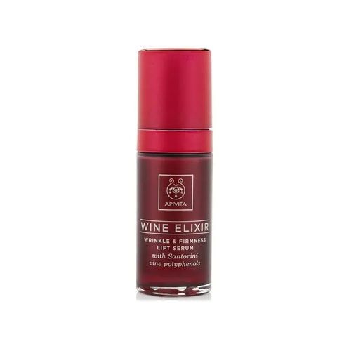 Apivita Wine Elixir Wrinkle and Firmness Lift Serum 30ml, showcasing the elegant packaging and serum dropper.