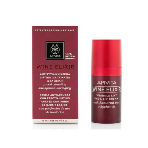 Apivita Wine Elixir Wrinkle Lift Eye and Lip Cream in 15ml jar, shown with elegant packaging and product label.