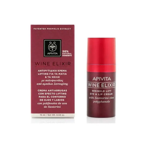Apivita Wine Elixir Wrinkle Lift eye and lip cream in 15ml jar, with elegant packaging, designed for youthful skin.