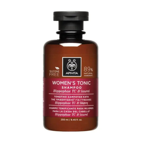 Apivita women's tonic shampoo with hippophae TC and laurel in a 250ml bottle, featuring natural ingredients and a sleek design.