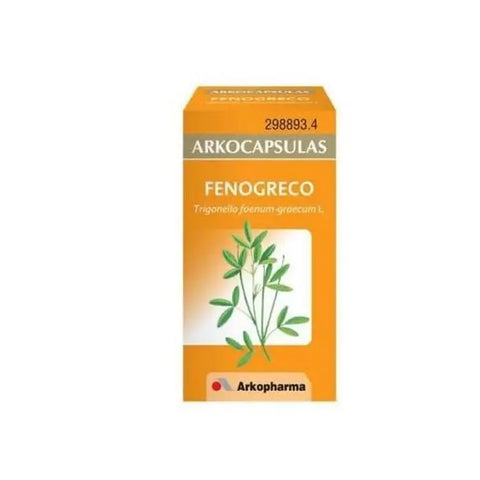 Jar of Arkocapsulas Fenugreek capsules by Jag Couture London New York showing 48 capsules in a clear container.