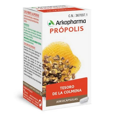 Arkocapsulas Propolis 42 capsules by Jag Couture London New York, showing a close-up of the supplement bottle with capsules inside.