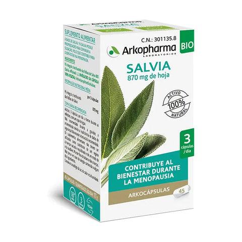 Arkocapsulas Sage 45 capsules from Jag Couture London New York, showing the herbal supplement bottle and capsules.