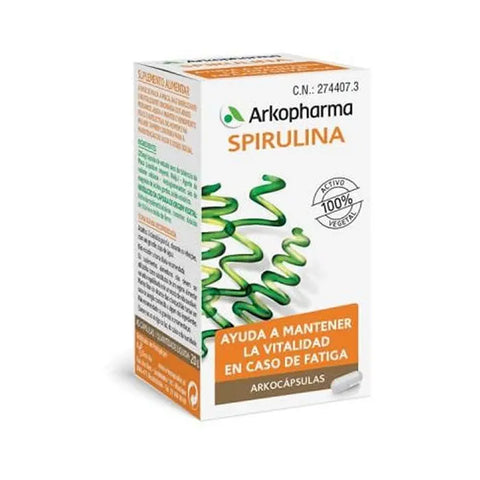 Jar of Arkocapsulas Spirulina capsules by Jag Couture London New York, showing 48 green spirulina supplement capsules.