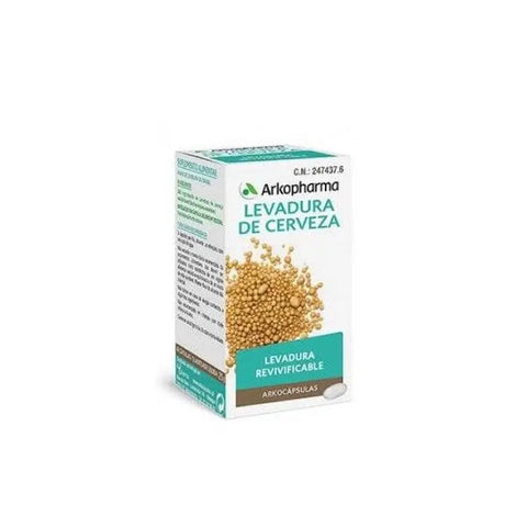 Jar of Arkocapsulas Yeast capsules by Jag Couture London New York, showing 48 dietary supplement capsules in a clear container.