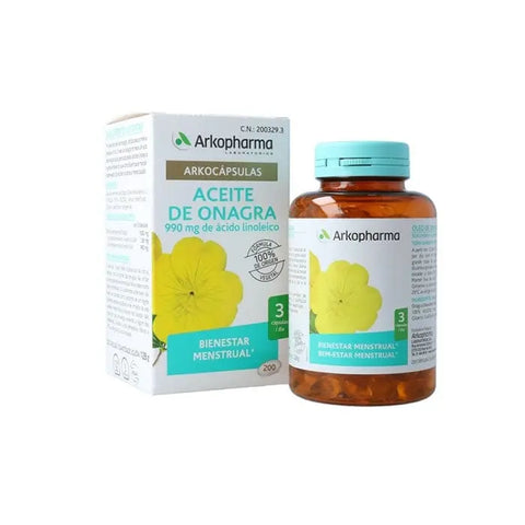 Arkocapsules Onagra Oil bottle with 200 capsules from Jag Couture London New York, featuring the product label and capsule container.