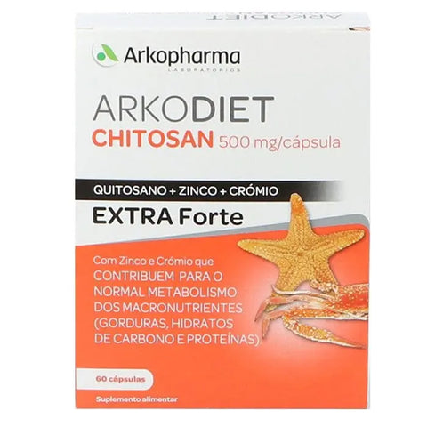 Arkodiet Chitosan Extraforte 500mg capsules by Jag Couture London New York, showing 60 capsules in a clear bottle.