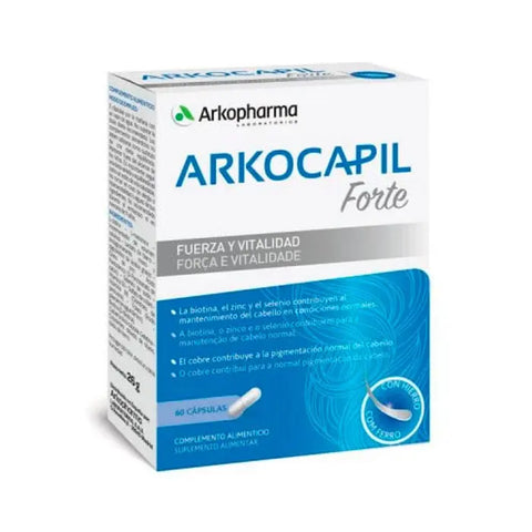 Arkopharma Arkoadvance Arkocapil Forte 60 capsules bottle, dietary supplement for hair health, with brand label visible.