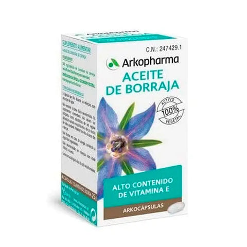 Arkopharma Arkocápsulas Borage Oil 50 pearls in a clear capsule bottle, showcasing the dietary supplement product.