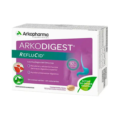 Arkopharma Arkodigest Reflucid 16 tablets, natural digestive supplement in blister pack, with branding from Jag Couture London New York