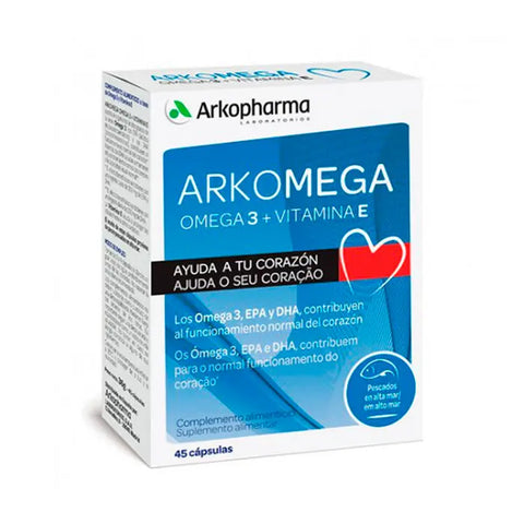 Arkopharma Arkomega Omega 3 capsules in a bottle, supplement by Jag Couture London New York, with 45 soft gel capsules.