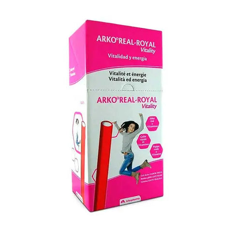 Arkopharma Arkoreal Vitality Jelly with strawberry-flavored vitamin sticks, displayed in a clear container with 50 sticks.
