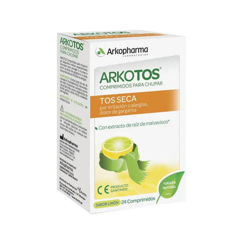 Arkopharma Arkotos 24 Cough Tablets in blister pack, featuring herbal ingredients and soothing relief for sore throats.