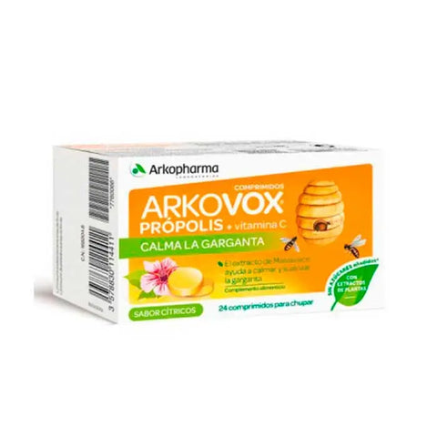 Arkopharma Arkovox Propolis and Vitamin C citrus-flavored tablets in a blister pack for immune support.