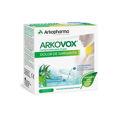 Arkopharma Arkovox sore throat mint tablets in a blister pack, with a focus on the product packaging and tablets.