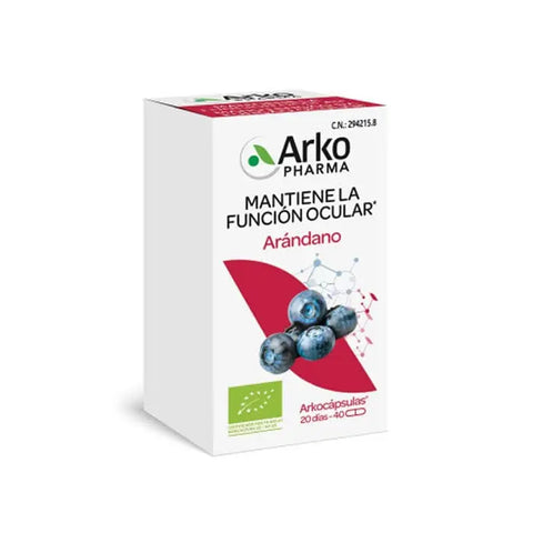 Arkopharma Blueberry capsules in a bottle, dietary supplement by Jag Couture London New York, showcasing the product and label.