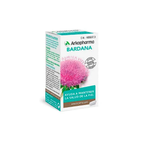 Arkopharma burdock capsules in a bottle, herbal supplement for detox and skin health, branded by Jag Couture London New York.