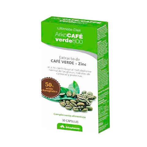 Green coffee capsules by Arkopharma, 30 capsules, premium supplement from Jag Couture London New York, shown in bottle.