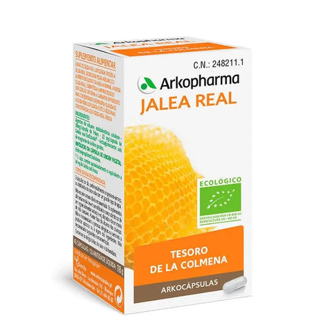 Arkopharma Jalea Real Arkocapsulas 45 capsules in a clear bottle with label, displayed on a neutral background.