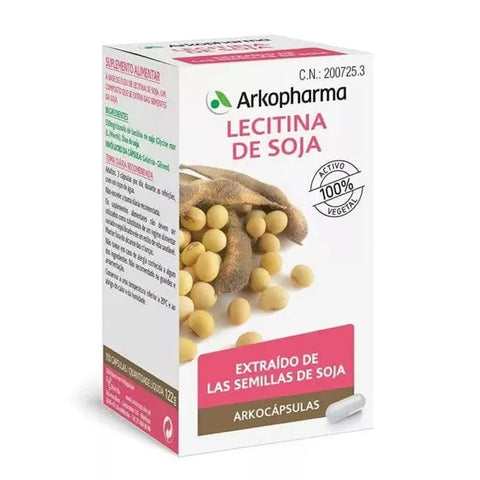 Arkopharma Lecitina Soja Arkocapsulas 150 capsules, softgel capsules containing soy lecithin for health support, displayed in a bottle.