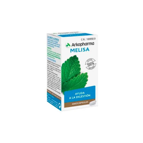 Arkopharma Melissa herbal capsules in a bottle, dietary supplement by Jag Couture London New York, 45 capsules for relaxation.
