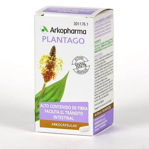 Arkopharma Plantago Arkocapsulas 48 capsules, natural herbal supplement in a clear capsule bottle with label, by Jag Couture London New York
