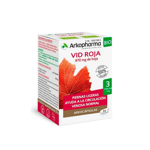Arkopharma Red Vine capsules by Jag Couture London New York, shown in a bottle with 84 capsules, for circulation and antioxidant support.