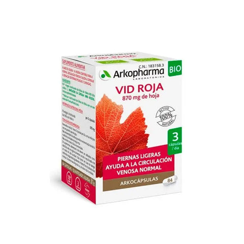 Arkopharma Red Vine capsules in a bottle, dietary supplement by Jag Couture London New York, with red vine extract visible inside.