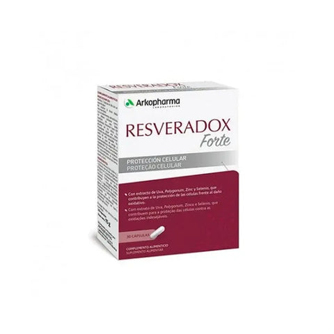 Arkopharma Resveradox Forte 30 capsules bottle with label, showcasing supplement capsules on a white background.