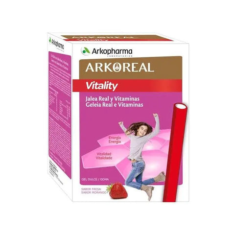 Jar of Arkoreal Vitality Jelly with vitamins in 50 sticks, showing the colorful, fruit-flavored supplement packaging.