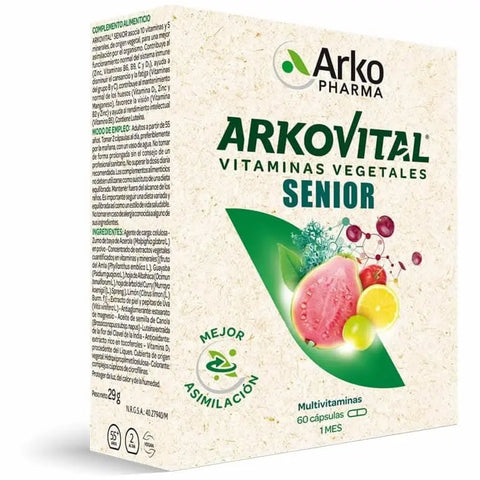 Arkovital Vitamins & Minerals Senior 50+ capsules in a bottle, designed for adults over 50, with label showing capsules.