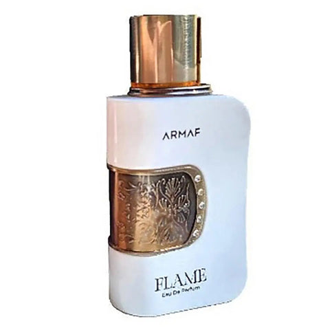 Armaf Flame Eau De Parfum 100ml spray featuring a sleek bottle with fiery orange and red accents, designed by Jag Couture London New York