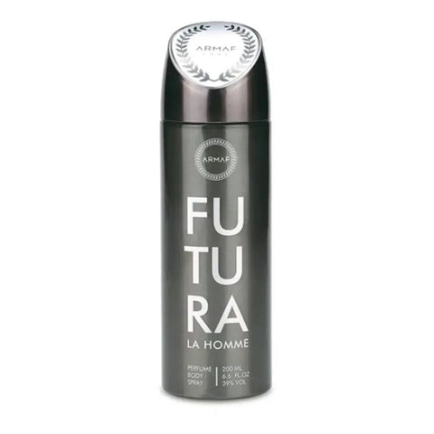 Armaf Futura La Homme 200ml spray corporal perfume with sleek bottle, displayed on a plain background.