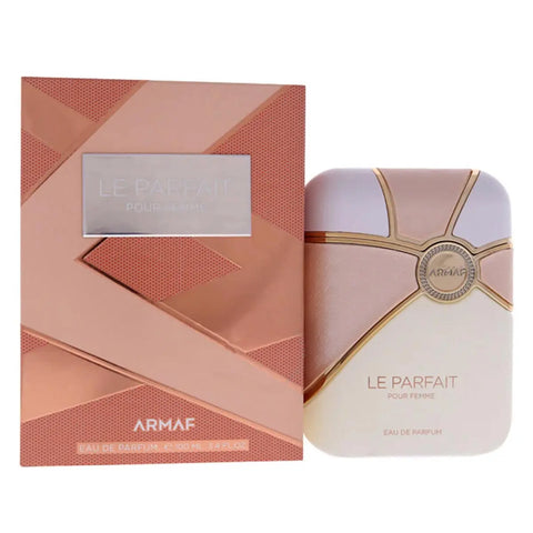 Armaf Le Parfait Pour Femme Eau de Parfum bottles arranged on a display tray, showcasing elegant packaging and branding.