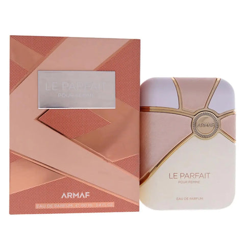 Armaf Le Parfait Pour Femme Eau de Parfum bottles arranged on a display shelf, showcasing elegant packaging and design.