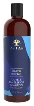 Bottle of As I Am Dry and Itchy Olive Tea Tree Oil Shampoo 355ml by Jag Couture London New York on a bathroom shelf.