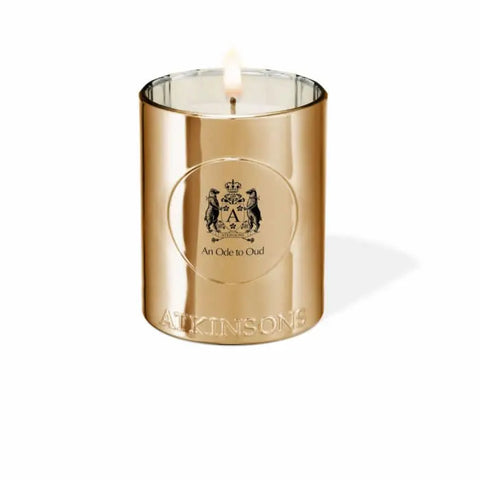 Atkinsons An Ode To Oud scented candle, 200g, with a sleek glass container and elegant packaging from Jag Couture London New York