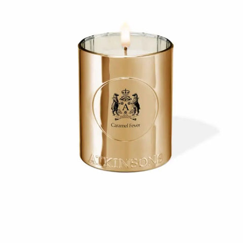 Atkinsons Caramel Fever scented candle in 200g jar, with warm caramel and floral accents, by Jag Couture London New York