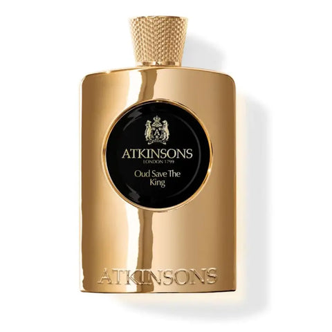 Atkinsons Oud Save The King Eau De Parfum spray 100ml, featuring luxurious oud scent in a sleek glass bottle.